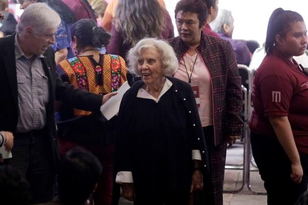 Claudia Sheinbaum Pardo, presidential candidate, celebrates the 12 years of her party October 2, 2023, Mexico City, Mexico: The caricaturist and director of the National Institute of Political Training of the National Regeneration Movement party and the writer Elena Poniatowska at the event of the 12th anniversary of the founding of the National Regeneration Movement party before militants and legislators in the Interactive Museum of Economy in Mexico City. on October 2, 2023 in Mexico City, Mexico (Photo by Luis Barron Eyepix Group). Copyright: xLuisxBarronx xEyepixxGroupx LB_20231002_MORENA0
