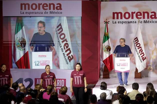 Claudia Sheinbaum Pardo, presidential candidate, celebrates the 12 years of her party October 2, 2023, Mexico City, Mexico: The director of the Economic Culture Fund, Paco Ignacio Taibo II at the event of the 12th anniversary of the founding of the National Regeneration Movement party before militants and legislators at the Interactive Museum of Economy in Mexico City. on October 2, 2023 in Mexico City, Mexico (Photo by Luis Barron Eyepix Group). Copyright: xLuisxBarronx xEyepixxGroupx LB_20231002_MORENA6