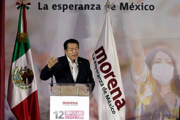 Claudia Sheinbaum Pardo, presidential candidate, celebrates the 12 years of her party October 2, 2023, Mexico City, Mexico: The president of the National Regeneration Movement party, Mario Delgado at the event of the 12th anniversary of the founding of his political party before militants and legislators at the Interactive Museum of Economy in Mexico City. on October 2, 2023 in Mexico City, Mexico (Photo by Luis Barron Eyepix Group). Copyright: xLuisxBarronx xEyepixxGroupx LB_20231002_MORENA9