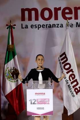 Claudia Sheinbaum Pardo, presidential candidate, celebrates the 12 years of her party October 2, 2023, Mexico City, Mexico: The presidential candidate of the National Regeneration Movement party, Claudia Sheinbaum at the event of the 12th anniversary of the founding of the political party before militants and legislators at the Interactive Museum of Economy in Mexico City. on October 2, 2023 in Mexico City, Mexico (Photo by Luis Barron Eyepix Group). Copyright: xLuisxBarronx xEyepixxGroupx LB_20231002_MORENA13
