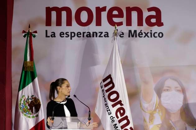 Claudia Sheinbaum Pardo, presidential candidate, celebrates the 12 years of her party October 2, 2023, Mexico City, Mexico: The presidential candidate of the National Regeneration Movement party, Claudia Sheinbaum at the event of the 12th anniversary of the founding of the political party before militants and legislators at the Interactive Museum of Economy in Mexico City. on October 2, 2023 in Mexico City, Mexico (Photo by Luis Barron Eyepix Group). Copyright: xLuisxBarronx xEyepixxGroupx LB_20231002_MORENA14