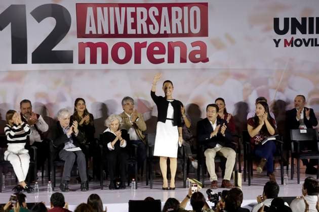 October 2, 2023, Mexico City, Mexico: The president of the National Regeneration Movement party, Mario Delgado; the presidential candidate, Claudia Sheinbaum and the writer Elena Poniatowska, at the event of the 12th anniversary of the founding of the political party before militants and legislators at the Interactive Museum of Economy in Mexico City. on October 2, 2023 in Mexico City, Mexico Mexico City Mexico - ZUMAe321 20231002_zia_e321_001 Copyright: xLuisxBarronx