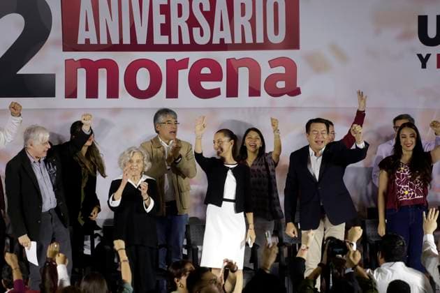 October 2, 2023, Mexico City, Mexico: The president of the National Regeneration Movement party, Mario Delgado; the presidential candidate, Claudia Sheinbaum and the writer Elena Poniatowska, at the event of the 12th anniversary of the founding of the political party before militants and legislators at the Interactive Museum of Economy in Mexico City. on October 2, 2023 in Mexico City, Mexico Mexico City Mexico - ZUMAe321 20231002_zia_e321_005 Copyright: xLuisxBarronx
