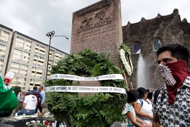 Families and survivors of the Tlatelolco Massacre commemorate 55 years October 2, 2023, Mexico City, Mexico: Memorial dedicated to the students murdered in the Tlatelolco massacre in 1968 in the Plaza of the Three Cultures in Mexico City. on October 2, 2023 in Mexico City, Mexico (Photo by Luis Barron Eyepix Group). Copyright: xLuisxBarronx xEyepixxGroupx LB_20231002_TLATE1