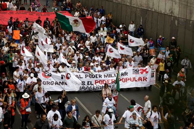 October 2, 2023, Mexico City, Mexico: Survivors of the Tlatelolco massacre, students and citizens at the march of the 55th anniversary of the State crime in the Plaza of the Three Cultures during their mobilization in Mexico City. on October 2, 2023 in Mexico City, Mexico Mexico City Mexico - ZUMAe321 20231002_zia_e321_018 Copyright: xLuisxBarronx