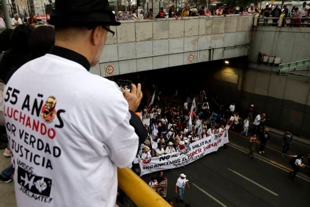 October 2, 2023, Mexico City, Mexico: Survivors of the Tlatelolco massacre, students and citizens at the march of the 55th anniversary of the State crime in the Plaza of the Three Cultures during their mobilization in Mexico City. on October 2, 2023 in Mexico City, Mexico Mexico City Mexico - ZUMAe321 20231002_zia_e321_026 Copyright: xLuisxBarronx