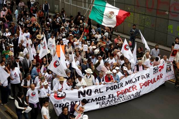 October 2, 2023, Mexico City, Mexico: Survivors of the Tlatelolco massacre, students and citizens at the march of the 55th anniversary of the State crime in the Plaza of the Three Cultures during their mobilization in Mexico City. on October 2, 2023 in Mexico City, Mexico Mexico City Mexico - ZUMAe321 20231002_zia_e321_028 Copyright: xLuisxBarronx