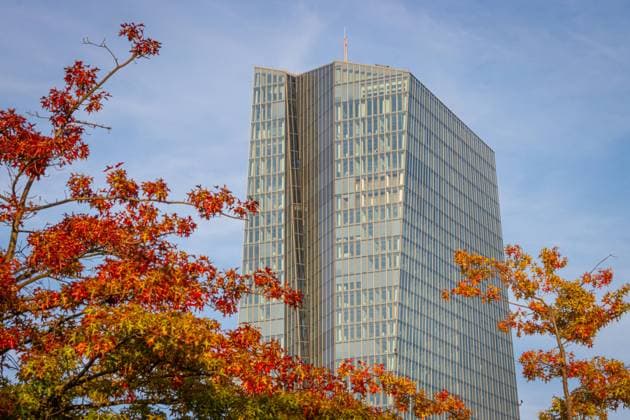 Die Europäische Zentralbank (EZB) im Herbst Das Gebäude der Europäischen Zentralbank (EZB) im Frankfurter Osthafengebiet ragt zwischen herbstlich bunt verfärbten Bämen hervor. Frankfurt am Main Osthafen Hessen Deutschland *** The European Central Bank ECB in autumn The building of the European Central Bank ECB in Frankfurts Osthafen area stands out between colorful autumnal trees Frankfurt am Main Osthafen Hesse Germany 2023-10-02_ffm_ezb_01