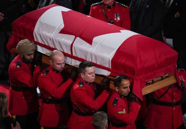 October 4, 2023, LANGLEY, BC, CANADA: Pallbearers carry RCMP Const. Rick O Brien s casket into a regimental funeral in Langley, B.C., on Wednesday, October 4, 2023. O Brien, 51, was killed last month while executing a search warrant at a home in Coquitlam. LANGLEY CANADA - ZUMAc35_ 20231004_zaf_c35_080 Copyright: xDarrylxDyckx