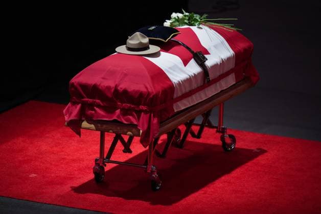 October 4, 2023, LANGLEY, BC, CANADA: RCMP Const. Rick O Brien s stetson rests on his casket during a regimental funeral in Langley, B.C., on Wednesday, October 4, 2023. O Brien, 51, was killed last month while executing a search warrant at a home in Coquitlam. LANGLEY CANADA - ZUMAc35_ 20231004_zaf_c35_081 Copyright: xDarrylxDyckx