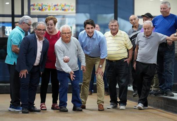 October 5, 2023, WOODBRIDGE, ON, CANADA: Canadian Prime Minister Justin Trudeau, centre, plays a game of bocce while visiting a community centre with seniors in the Vaughan, Ont., town of Woodbridge, Thursday, Oct. 5, 2023. WOODBRIDGE CANADA - ZUMAc35_ 20231005_zaf_c35_054 Copyright: xNathanxDenettex