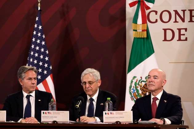 October 5, 2023, Mexico City, Mexico: Antony Blinken, United States Secretary of State; Merrick Garland, Attorney General of the United States; Alejandro Mayorkas, Secretary of Homeland Security of the United States at the press conference within the framework of the High Level Dialogue on Security Mexico - United States at the National Palace in Mexico City. on October 5, 2023 in Mexico City, Mexico Mexico City Mexico - ZUMAe321 20231005_zia_e321_033 Copyright: xLuisxBarronx