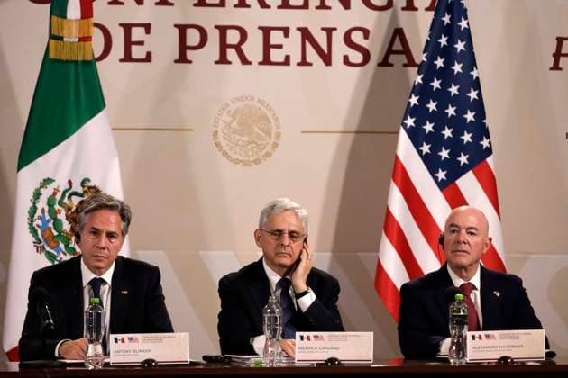October 5, 2023, Mexico City, Mexico: Antony Blinken, United States Secretary of State; Merrick Garland, Attorney General of the United States; Alejandro Mayorkas, Secretary of Homeland Security of the United States at the press conference within the framework of the High Level Dialogue on Security Mexico - United States at the National Palace in Mexico City. on October 5, 2023 in Mexico City, Mexico Mexico City Mexico - ZUMAe321 20231005_zia_e321_034 Copyright: xLuisxBarronx