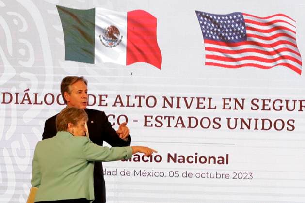 October 5, 2023, Mexico City, Mexico: The Foreign Minister of Mexico, Alicia Barcena, and the Secretary of State of the United States, Antony Blinken, chair the press conference within the framework of the High Level Dialogue on Security Mexico - United States at the Palace National in Mexico City. on October 5, 2023 in Mexico City, Mexico Mexico City Mexico - ZUMAe321 20231005_zia_e321_039 Copyright: xLuisxBarronx