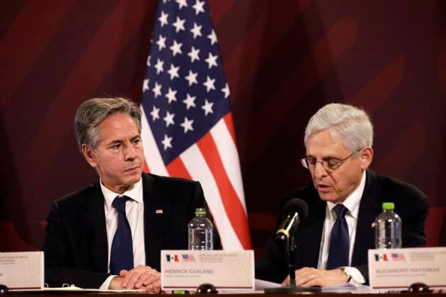 October 5, 2023, Mexico City, Mexico: Antony Blinken, United States Secretary of State and Merrick Garland, Attorney General of the United States at the press conference within the framework of the High Level Dialogue on Security Mexico - United States at the National Palace in Mexico City. on October 5, 2023 in Mexico City, Mexico Mexico City Mexico - ZUMAe321 20231005_zia_e321_046 Copyright: xLuisxBarronx