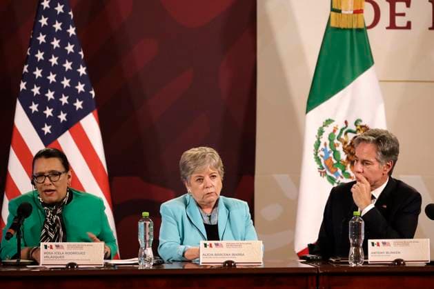 October 5, 2023, Mexico City, Mexico: The Chancellor of Mexico, Alicia Barcena; the Secretary of State of the United States, Antony Blinken and Rosa Icela Rodriguez, Secretary of Federal Security of Mexico at the press conference within the framework of the High Level Dialogue on Security Mexico - United States at the National Palace in Mexico City. on October 5, 2023 in Mexico City, Mexico Mexico City Mexico - ZUMAe321 20231005_zia_e321_057 Copyright: xLuisxBarronx