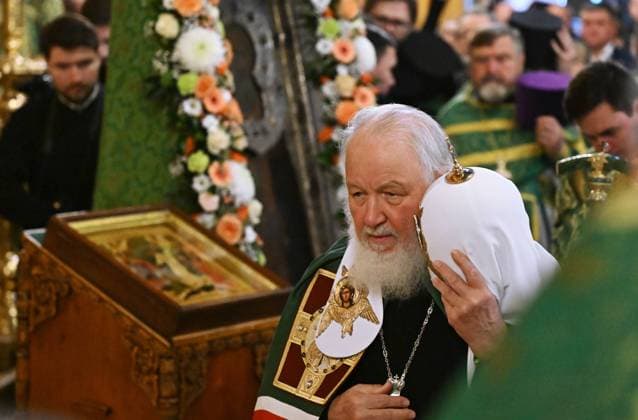 Russia Religion St Sergius of Radonezh Day 8532279 08.10.2023 Patriarch Kirill of Moscow and All Russia is seen before a divine liturgy to commemorate St. Sergius of Radonezh on the date of his death at the Assumption Cathedral of Trinity Sergius Lavra in the town of Sergiyev Posad, Moscow region, Russia. Grigory Sysoev Sputnik Sergiyev Posad Russia  Copyright: xGrigoryxSysoevx
