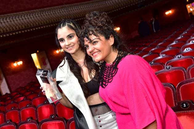 First Steps Award 2023 Götz George Young Talent Award, Bayan Layla awarded best young actress, with Sara Fazilat, moderator of the gala First Steps Award at the Stage Theater des Westens is called ÒStage free Ò for GermanyÕs most talented young filmmakersF in Berlin, on 08 10 2023. Photopress Mueller