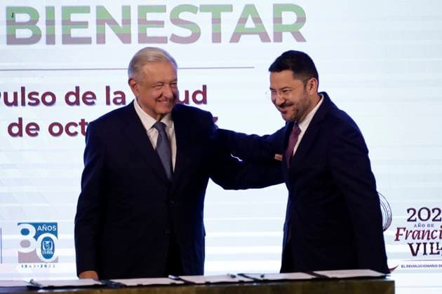 President of Mexico, Andres Manuel Lopez Obrador signs IMSS Wellbeing Health Plan October 10, 2023, Mexico City, Mexico: The president of Mexico, Andres Manuel Lopez Obrador with the head of government of Mexico City, Marti Batres at the signing of the Health Plan Mexican Institute of Social Security - Wellbeing before reporters at the National Palace in Mexico City. on October 10, 2023 in Mexico City, Mexico (Photo by Luis Barron Eyepix Group). Copyright: xLuisxBarronx xEyepixxGroupx LB_20231010_SALUD0