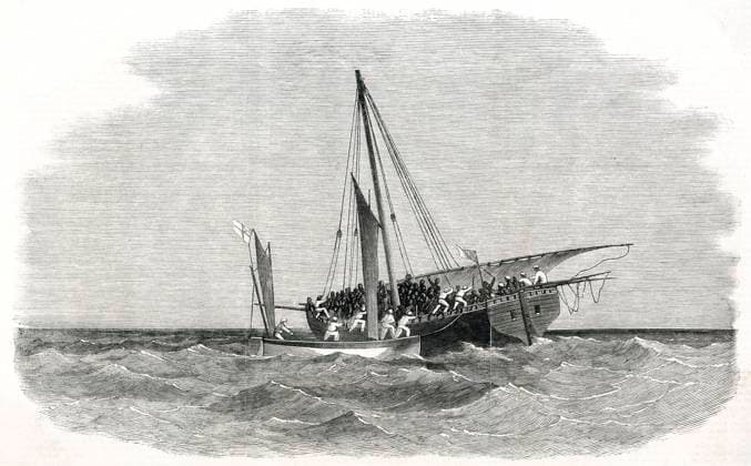 RECORD DATE NOT STATED ANTI-SLAVERY ACTION EAST AFRICA - A cutter from the Royal Navy ship HMS Daphne captures a slave-dhow off Brora. Date: 1869  Copyright: Gemini Picture No. 10015379