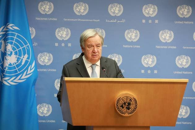 (231011) -- UNITED NATIONS, Oct. 11, 2023 -- UN Secretary-General Antonio Guterres speaks during a press briefing at the UN headquarters in New York, on Oct. 11, 2023. Guterres on Wednesday warned against the spillover of the ongoing Israeli-Palestinian conflict. ) UN-GUTERRES-PRESS BRIEFING-ISRAELI-PALESTINIAN CONFLICT XiexE 
