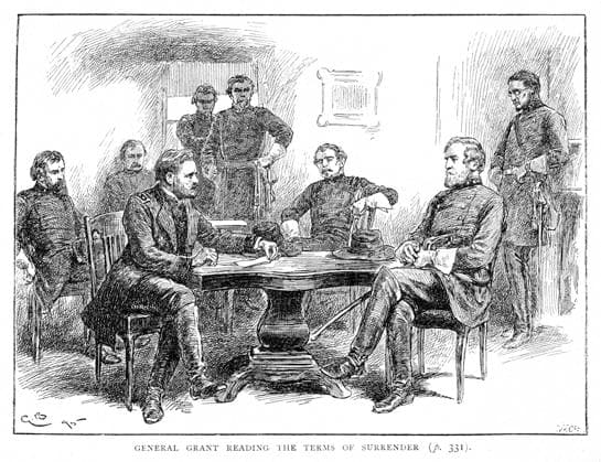 RECORD DATE NOT STATED LEE SURRENDERS TO GRANT General Grant reads the terms of surrender to General Lee at Appomattox Court House. Date: 9 April 1865  Copyright: Gemini Picture No. 10076669