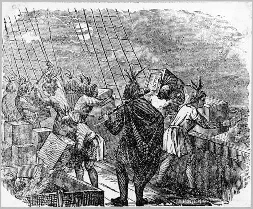 RECORD DATE NOT STATED BOSTON TEA PARTY Boston citizens, dressed as Indians, board English ships and throw tea chests into the harbour in protest against taxation Date: 16 December 1773  Copyright: Gemini Picture No. 10162601