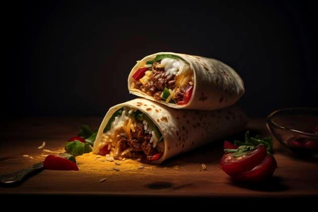 A flavorful beef burrito wrapped neatly, showcasing the rich Mexican culinary tradition. Authentic Mexican Beef Burrito Copyright: xFilippoxCarlotx COMM (11516)