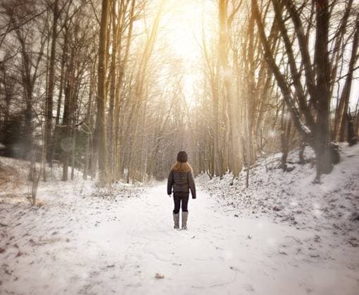 Young girl standing on snowy trail in winter Wooster, Ohio, United States CR_JOKU231013-1267601-01 ,model released, Symbolfoto