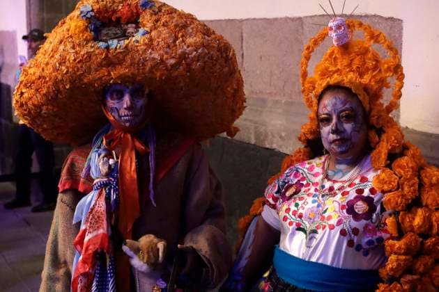 Catrinas procession and Day of the Dead parade announced in Mexico City October 16, 2023, Mexico City, Mexico: People characterized as death, catrinas and catrines during the announcement of the Day of the Dead activities at the press conference at the Mexico City Museum in Mexico City. on October 16, 2023 in Mexico City, Mexico (Photo by Luis Barron Eyepix Group). Copyright: xLuisxBarronx xEyepixxGroupx LB_20231016_MUERTOS6