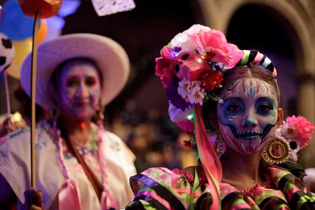 Catrinas procession and Day of the Dead parade announced in Mexico City October 16, 2023, Mexico City, Mexico: People characterized as death, catrinas and catrines during the announcement of the Day of the Dead activities at the press conference at the Mexico City Museum in Mexico City. on October 16, 2023 in Mexico City, Mexico (Photo by Luis Barron Eyepix Group). Copyright: xLuisxBarronx xEyepixxGroupx LB_20231016_MUERTOS12
