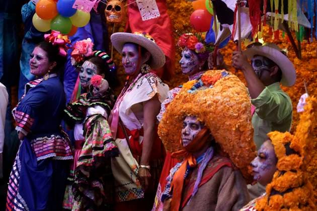 Catrinas procession and Day of the Dead parade announced in Mexico City October 16, 2023, Mexico City, Mexico: People characterized as death, catrinas and catrines during the announcement of the Day of the Dead activities at the press conference at the Mexico City Museum in Mexico City. on October 16, 2023 in Mexico City, Mexico (Photo by Luis Barron Eyepix Group). Copyright: xLuisxBarronx xEyepixxGroupx LB_20231016_MUERTOS16