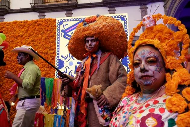Catrinas procession and Day of the Dead parade announced in Mexico City October 16, 2023, Mexico City, Mexico: People characterized as death, catrinas and catrines during the announcement of the Day of the Dead activities at the press conference at the Mexico City Museum in Mexico City. on October 16, 2023 in Mexico City, Mexico (Photo by Luis Barron Eyepix Group). Copyright: xLuisxBarronx xEyepixxGroupx LB_20231016_MUERTOS18