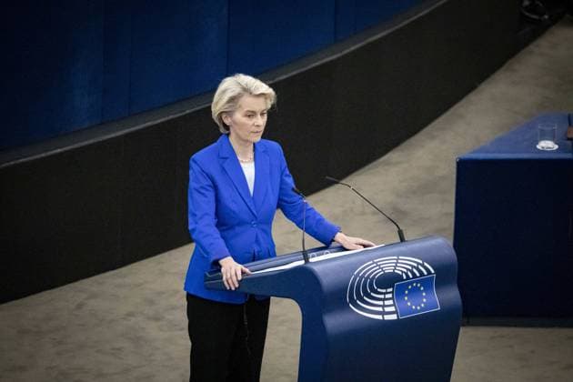 STRASBOURG, FRANCE - OCTOBER 18 The President of the European Commission, Ursula von der Leyen, believes that nothing can excuse a strike on a hospital full of civilians , denouncing horrific scenes after a deadly strike on a hospital compound in Gaza. The strike left hundreds dead. in Strasbourg, France on October 18, 2023. NEWS: plenary session at the European Parliament in Strasbourg, in France on October 18, 2023. ElyxandroCegarra Panoramic 