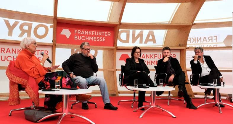 18 10 2023, Frankfurt am Main, DEU, Discussion in the Agora at the Frankfurt Book Fair with Claudia Roth, Federal Commissioner for Culture and the Media, Mikhail Shishkin, exiled Russian writer, Irina Sherbakova, writer and co-founder of Memorial, Dimitry Glukhovsky, exiled Russian writer, and Deniz Yuecel, Pen Berlin.