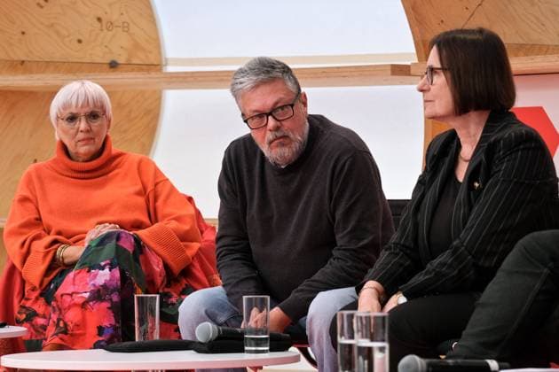 18 10 2023, Frankfurt am Main, DEU, Discussion in the Agora at the Frankfurt Book Fair with Claudia Roth, Federal Commissioner for Culture and Media, Mikhail Shishkin, exiled Russian writer, Irina Sherbakova, writer and co-founder of Memorial,