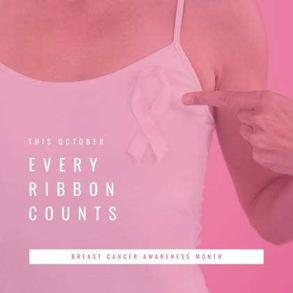 Composite of this october every ribbon counts text and caucasian woman pointing at pink ribbon. Copy space, breast cancer awareness month, pink october, medical, healthcare, support and prevention. RECORD DATE NOT STATED