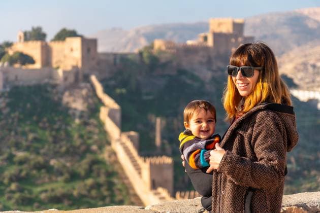 a Boy Mother with their Baby on Viewpoint of Cerro San Cristobal de La Muralla de Jairan and the Alcazaba in the City Almeria, Andalusia Spain Costa Del Sol at Mediterranean Copyright: imageBROKER/UnaixHuizi ibxuhu09724803.jpg ,model released, Symbolfoto ,property released