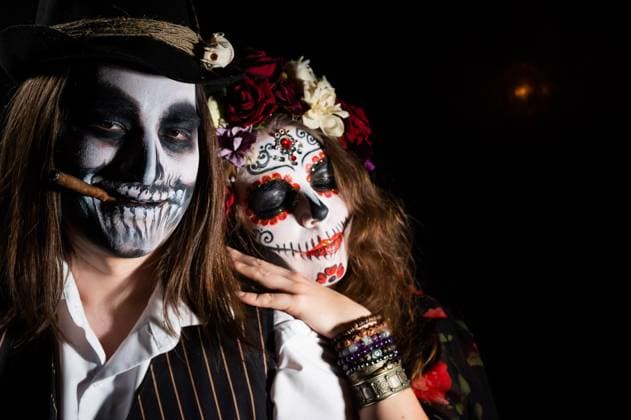 Woman in santa muerte costume and man in skeleton bodypainting for halloween, model released, , 39385164.jpg, halloween, santa, muerte, skeleton, costume, evil, woman, man, dark, demon, face, dead, body, black, bizarre, art, fear, girl, gothic, holiday, horror, makeup, monster, night, paint, skull, spooky, human, portrait, witch, zombie, carnival, death, festive, flower, funky, decorated, spiritual, mexican, november, wreath, sugar, bones, celebration, mexico, roses, scary, tradition, party, voodoo RECORD DATE NOT STATED