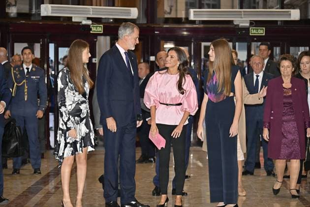 King Felipe VI and Queen Letizia with Princess Leonor and Infanta Sofia attend the concert of the Princess of Asturias Awards in Oviedo October 19, 2023 711 Antonio Quilez Cordon Press Spanish King Felipe VI and Letizia with Princess of Asturias Leonor de Borbon and Sofia de Borbon during th