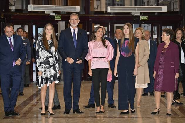 King Felipe VI and Queen Letizia with Princess Leonor and Infanta Sofia attend the concert of the Princess of Asturias Awards in Oviedo October 19, 2023 711 Antonio Quilez Cordon Press Spanish King Felipe VI and Letizia with Princess of Asturias Leonor de Borbon and Sofia de Borbon during th
