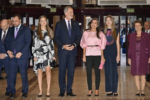 King Felipe VI and Queen Letizia with Princess Leonor and Infanta Sofia attend the concert of the Princess of Asturias Awards in Oviedo October 19, 2023 711 Antonio Quilez Cordon Press Spanish King Felipe VI and Letizia with Princess of Asturias Leonor de Borbon and Sofia de Borbon during th