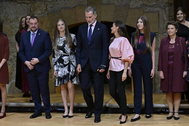 King Felipe VI and Queen Letizia with Princess Leonor and Infanta Sofia attend the concert of the Princess of Asturias Awards in Oviedo October 19, 2023 711 Antonio Quilez Cordon Press Spanish King Felipe VI and Letizia with Princess of Asturias Leonor de Borbon and Sofia de Borbon during