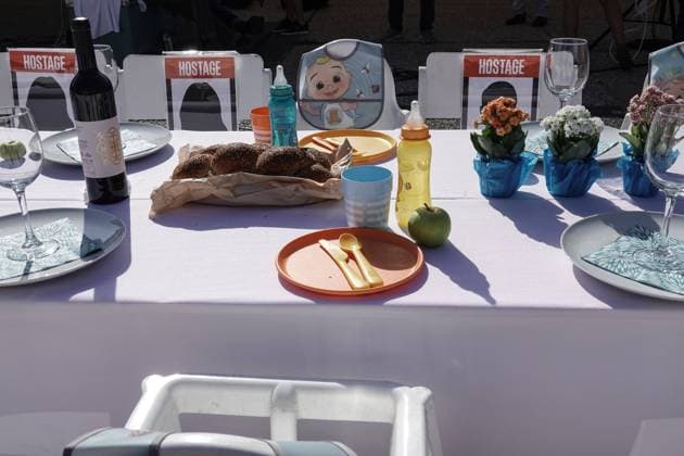 October 20, 2023, Tel Aviv, Israel: Israeli families of the hostages conduct a Kabbalat Shabbat, welcoming of the sabbath ceremony, next to a set table surrounded by 203 empty chairs waiting for the hostages and missing to return, near the Tel Aviv Museum of Art. Israel is engaged in a war with Hamas of the Gaza Strip following massive rocket fire from the Gaza Strip into Israel, infiltration of gunmen into Israeli territory, massacre of civilian women and children in their homes and hostage taking of civilians and soldiers. 300,000 reservists have been deployed and the Israeli Air Force is massively bombing Gaza in preparation for the next stage of warfare. Tel Aviv Israel - ZUMAa126 20231020_zap_a126_005 Copyright: xNirxAlonx