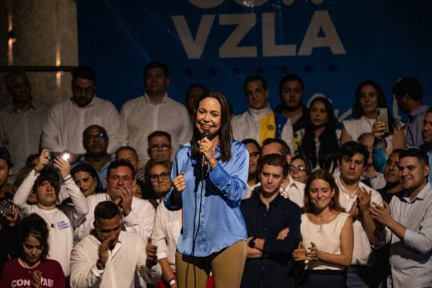 October 23, 2023, Caracas, Distrito Capital, Venezuela: Maria Corina Machado celebra el resultado anunciado por la ComisioÂ³n Nacional de Primarias en el que se le da como ganadora de las elecciones primarias de la oposicioÂ³n venezolana Caracas Venezuela - ZUMAf323 20231023_zip_f323_008 Copyright: xElenaxFernandezx