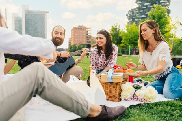 Smiling man playing guitar with friends enjoying picnic in park model released, Symbolfoto, MEUF09214