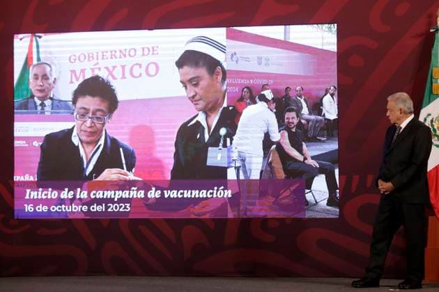 The president of Mexico, Andres Manuel Lopez Obrador, is vaccinated against influenza and Covid19 October 24, 2023, Mexico City, Mexico: The president of Mexico, Andres Manuel Lopez Obrador at his daily morning conference at the National Palace in Mexico City. on October 24, 2023 in Mexico City, Mexico (Photo by Luis Barron Eyepix Group). Copyright: xLuisxBarronx xEyepixxGroupx LB_20231024_AMLO6