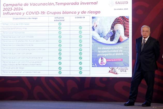 The president of Mexico, Andres Manuel Lopez Obrador, is vaccinated against influenza and Covid19 October 24, 2023, Mexico City, Mexico: The president of Mexico, Andres Manuel Lopez Obrador at his daily morning conference at the National Palace in Mexico City. on October 24, 2023 in Mexico City, Mexico (Photo by Luis Barron Eyepix Group). Copyright: xLuisxBarronx xEyepixxGroupx LB_20231024_AMLO8