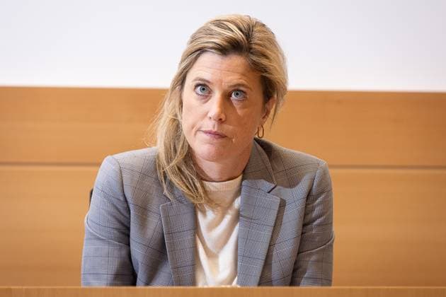 Interior Minister Annelies Verlinden pictured during a joint session of the chamber commissions for Interior Affairs and Justice, Wednesday 25 October 2023 at the federal parliament in Brussels. The session is organized to discuss the 16 October terrorist attack where two Swedish citizens died ahead of a qualification soccer game for Euro2024.  JAMESxARTHURxGEKIERE 78495827
