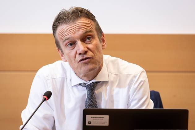 Newly appointed Minister of Justice Paul Van Tigchelt pictured during a joint session of the chamber commissions for Interior Affairs and Justice, Wednesday 25 October 2023 at the federal parliament in Brussels. The session is organized to discuss the 16 October terrorist attack where two Swedish citizens died ahead of a qualification soccer game for Euro2024.  JAMESxARTHURxGEKIERE 78495862